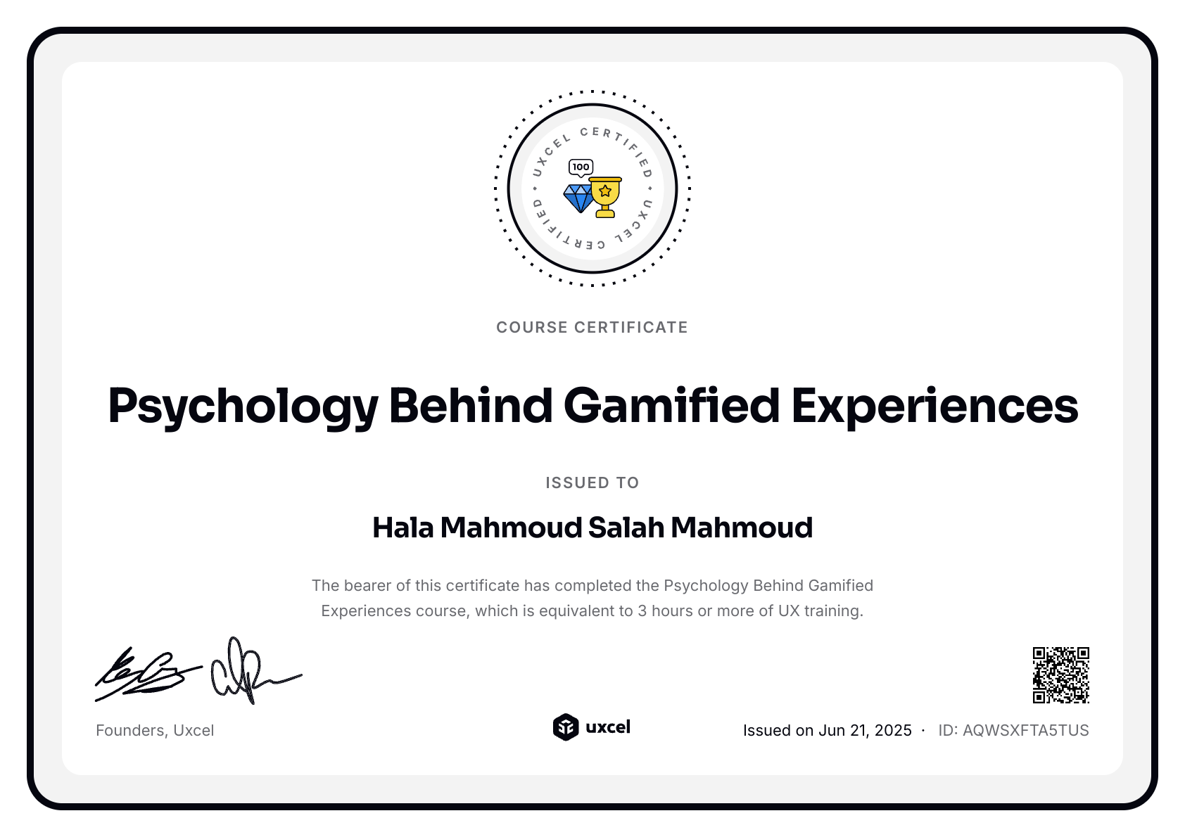 Hala Hemaya's certificate